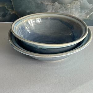 Studio Pottery Art Stoneware Bowls Set of 2 Glazed Dipped Blue Speckled